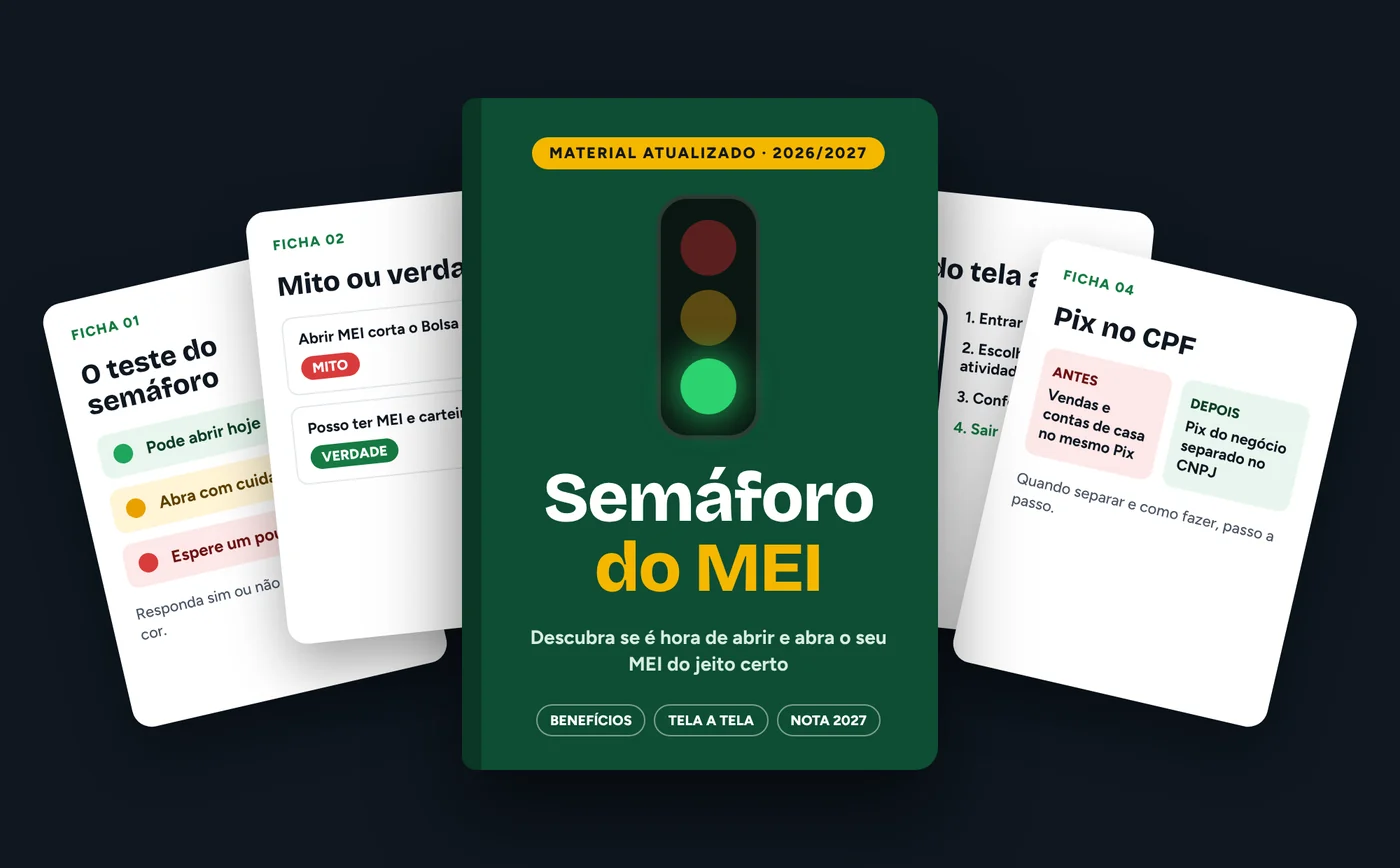 Capa do guia Semáforo do MEI com quatro fichas abertas atrás: o teste do semáforo, mito ou verdade, tela a tela e Pix no CPF